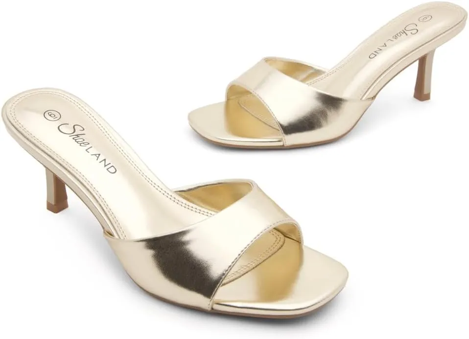 Shoe Land Deverena Women's Low Heels Stiletto Heeled Slides, Open Toe One Band Slip-On Heeled Mules – Dressy Heeled Sandals for Prom, Party, Wedding, and Vacation