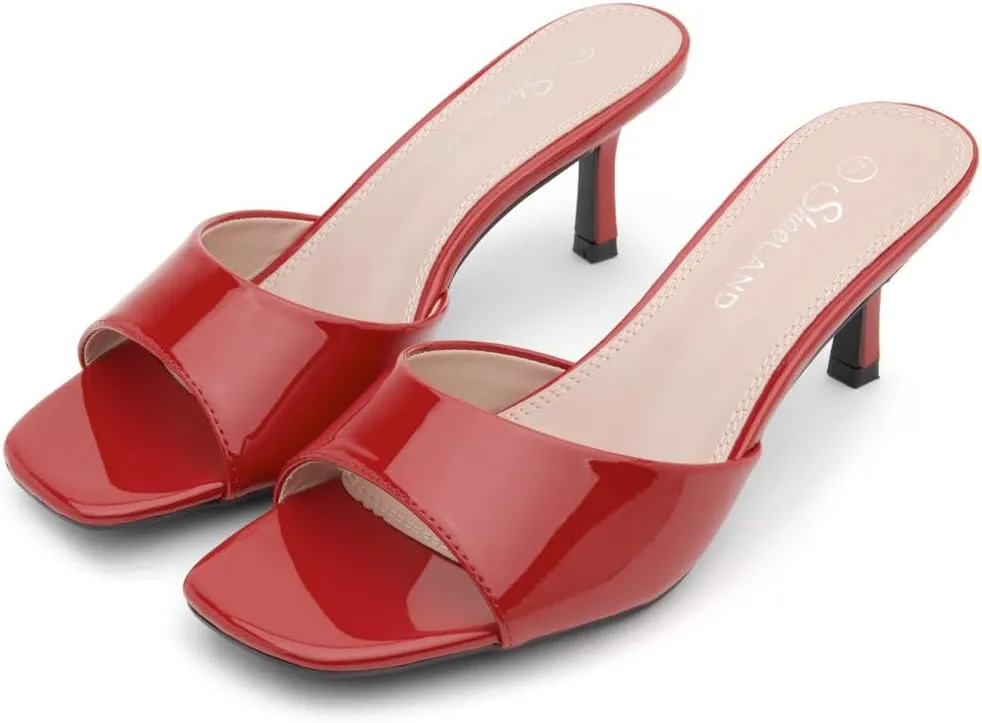 Shoe Land Deverena Women's Low Heels Stiletto Heeled Slides, Open Toe One Band Slip-On Heeled Mules – Dressy Heeled Sandals for Prom, Party, Wedding, and Vacation