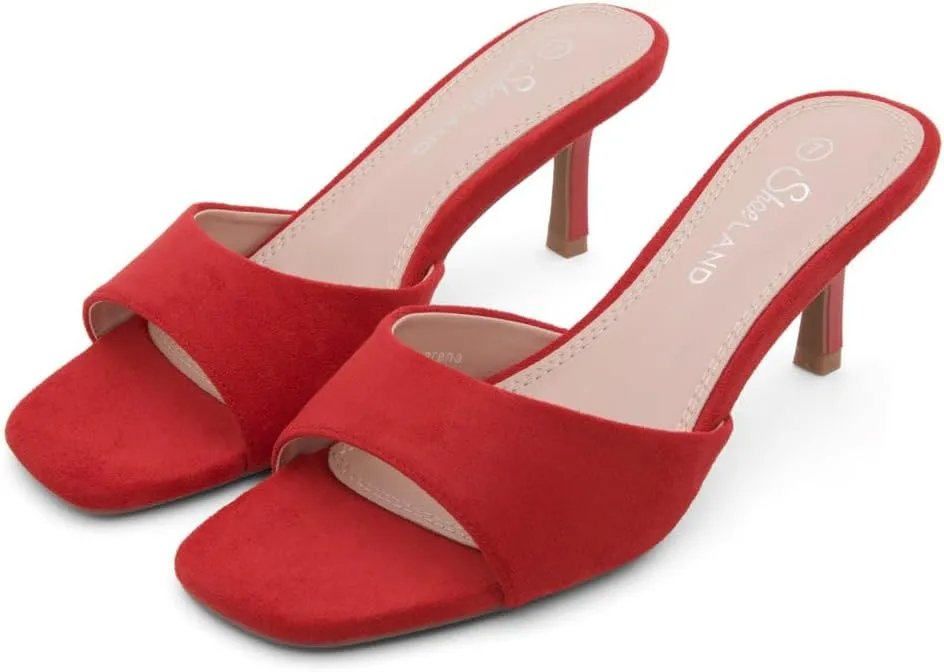 Shoe Land Deverena Women's Low Heels Stiletto Heeled Slides, Open Toe One Band Slip-On Heeled Mules – Dressy Heeled Sandals for Prom, Party, Wedding, and Vacation