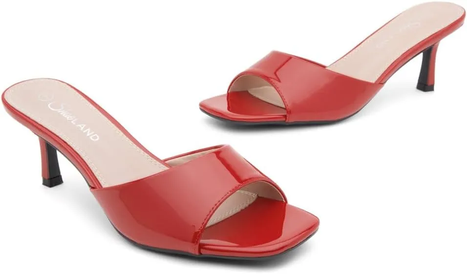 Shoe Land Deverena Women's Low Heels Stiletto Heeled Slides, Open Toe One Band Slip-On Heeled Mules – Dressy Heeled Sandals for Prom, Party, Wedding, and Vacation