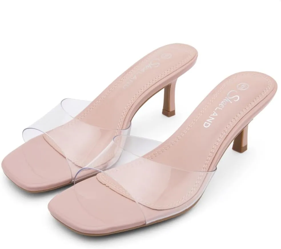Shoe Land Deverena Women's Low Heels Stiletto Heeled Slides, Open Toe One Band Slip-On Heeled Mules – Dressy Heeled Sandals for Prom, Party, Wedding, and Vacation