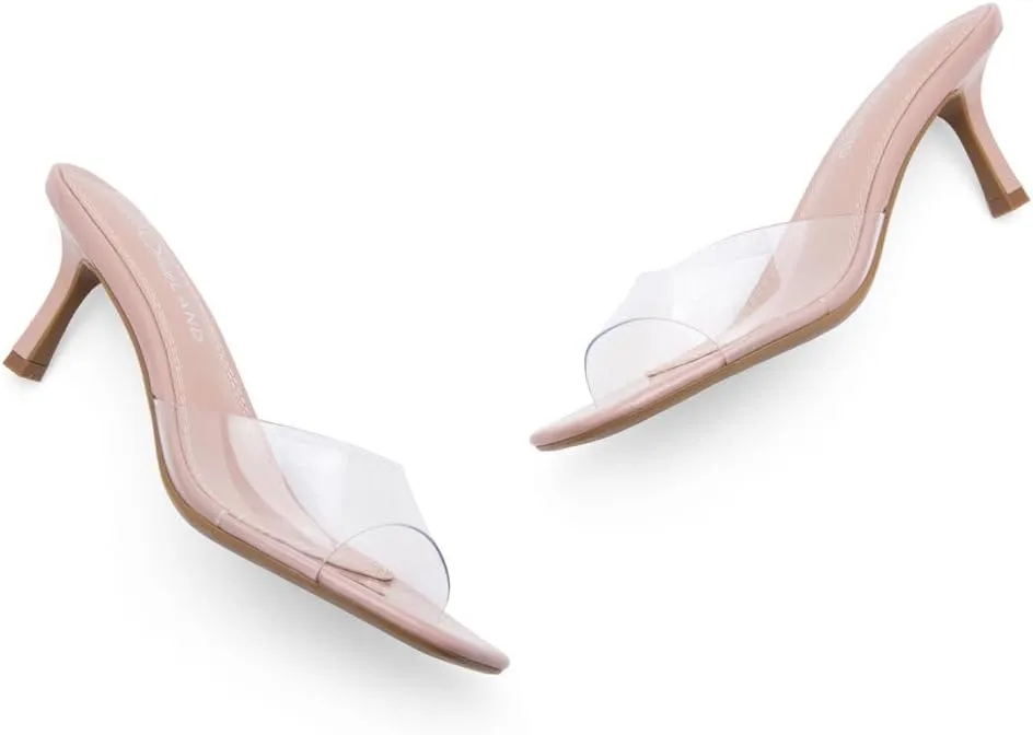 Shoe Land Deverena Women's Low Heels Stiletto Heeled Slides, Open Toe One Band Slip-On Heeled Mules – Dressy Heeled Sandals for Prom, Party, Wedding, and Vacation