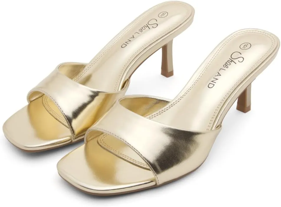 Shoe Land Deverena Women's Low Heels Stiletto Heeled Slides, Open Toe One Band Slip-On Heeled Mules – Dressy Heeled Sandals for Prom, Party, Wedding, and Vacation