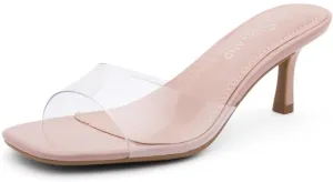 Shoe Land Deverena Women's Low Heels Stiletto Heeled Slides, Open Toe One Band Slip-On Heeled Mules – Dressy Heeled Sandals for Prom, Party, Wedding, and Vacation