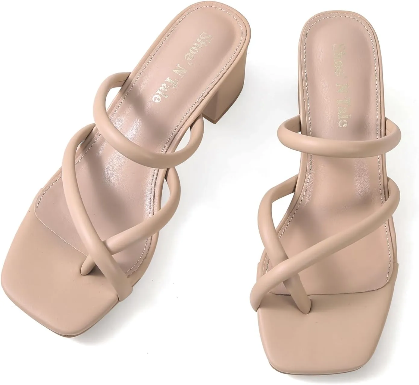 Shoe'N Tale Low Heels for Women Chunky Block Heel Toe-ring Heeled Sandals Square Toe Slip On Slides