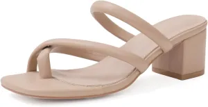 Shoe'N Tale Low Heels for Women Chunky Block Heel Toe-ring Heeled Sandals Square Toe Slip On Slides