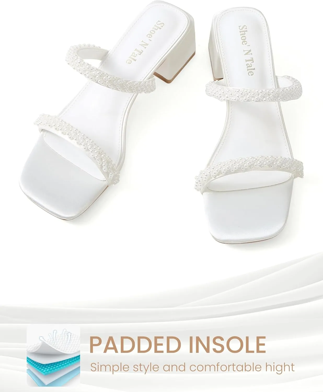 Shoe'N Tale Pearl Heels for Women Block Low Heel Heeled Sandals Square Toe Slip On Slide Mules