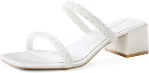 Shoe'N Tale Pearl Heels for Women Block Low Heel Heeled Sandals Square Toe Slip On Slide Mules