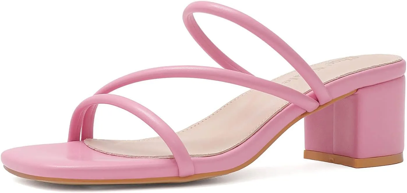 Shoe'N Tale Strappy Heels For Women Low Chunky Block Heel Heeled Sandals Square Open Toe Slip On Slides Mules