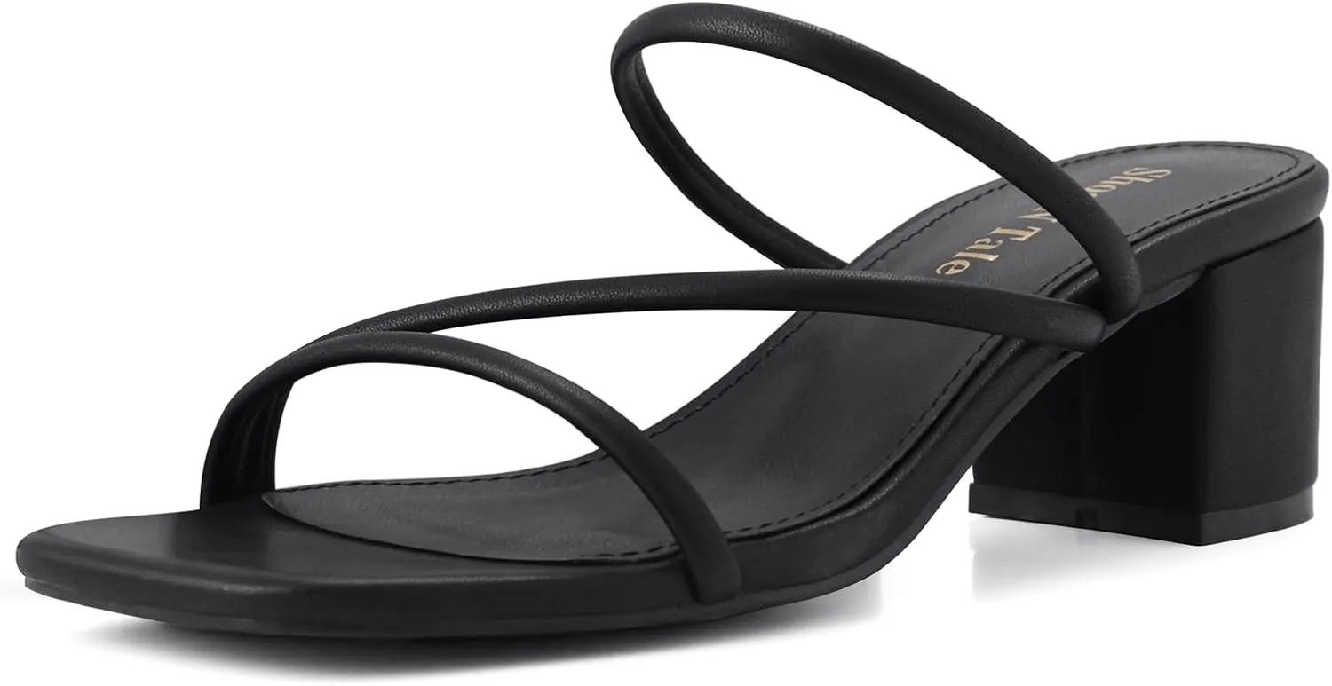 Shoe'N Tale Strappy Heels For Women Low Chunky Block Heel Heeled Sandals Square Open Toe Slip On Slides Mules