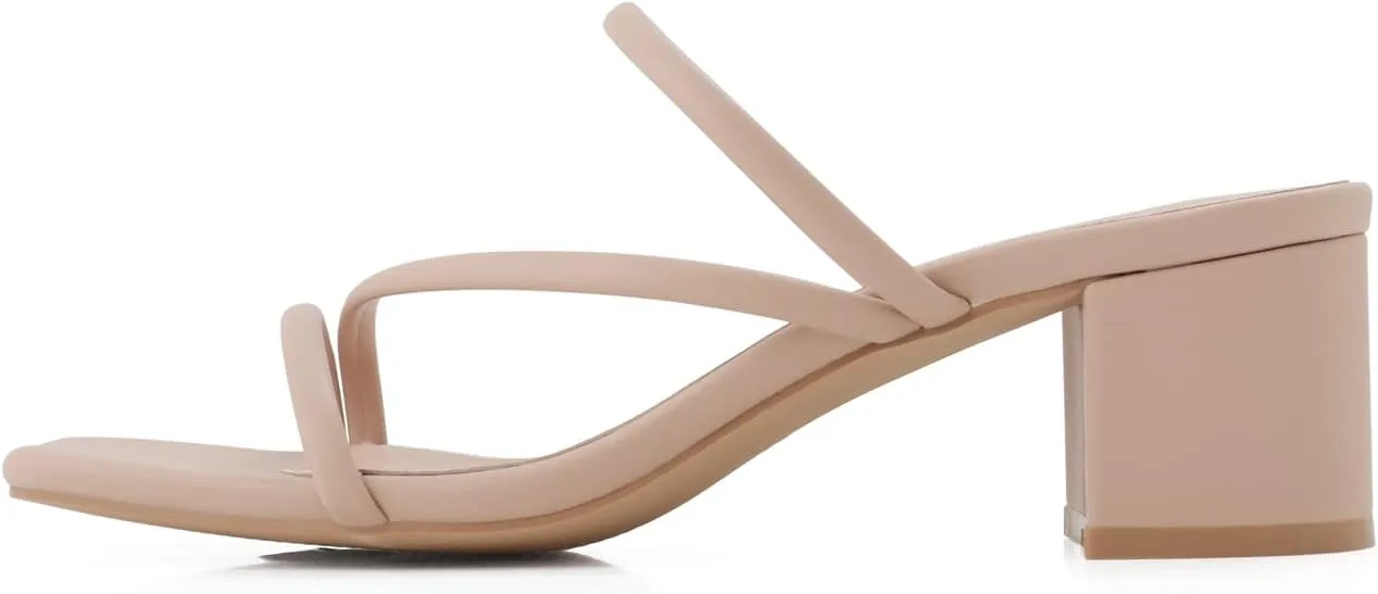 Shoe'N Tale Strappy Heels For Women Low Chunky Block Heel Heeled Sandals Square Open Toe Slip On Slides Mules