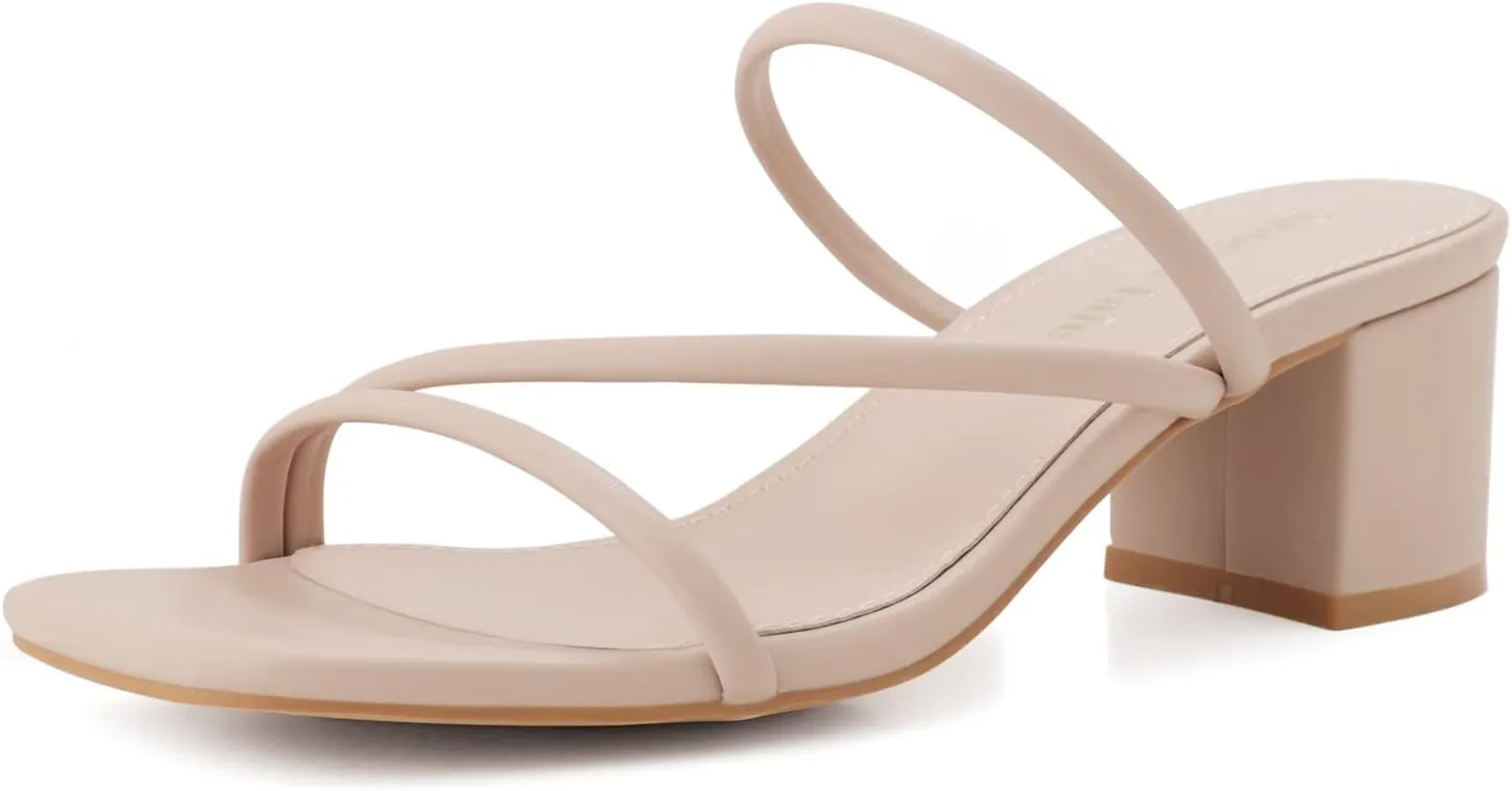 Shoe'N Tale Strappy Heels For Women Low Chunky Block Heel Heeled Sandals Square Open Toe Slip On Slides Mules
