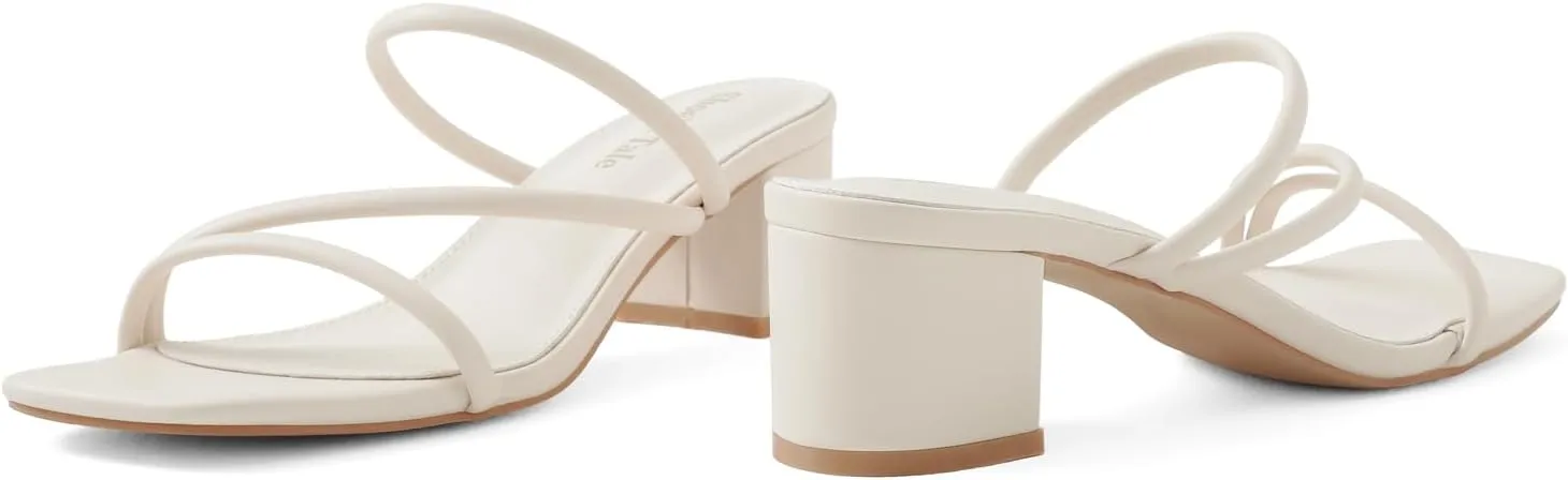 Shoe'N Tale Strappy Heels For Women Low Chunky Block Heel Heeled Sandals Square Open Toe Slip On Slides Mules
