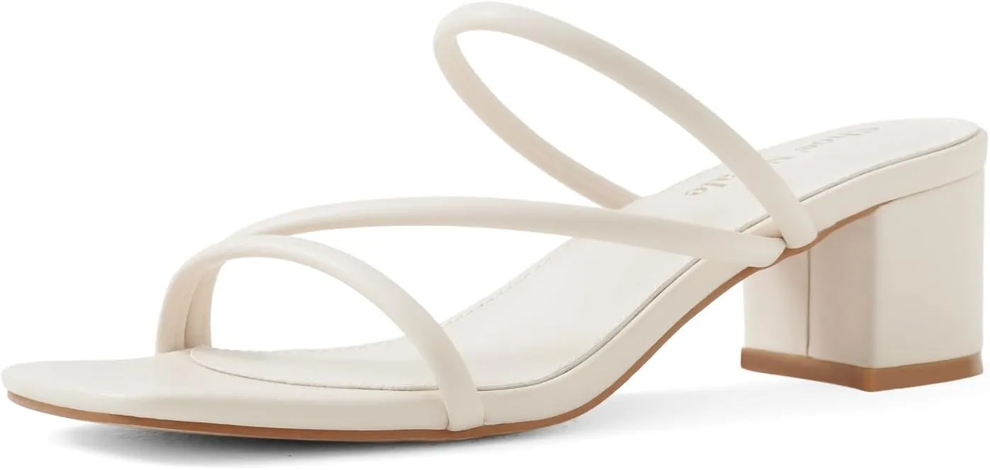 Shoe'N Tale Strappy Heels For Women Low Chunky Block Heel Heeled Sandals Square Open Toe Slip On Slides Mules