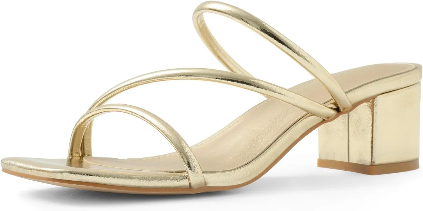 Shoe'N Tale Strappy Heels For Women Low Chunky Block Heel Heeled Sandals Square Open Toe Slip On Slides Mules
