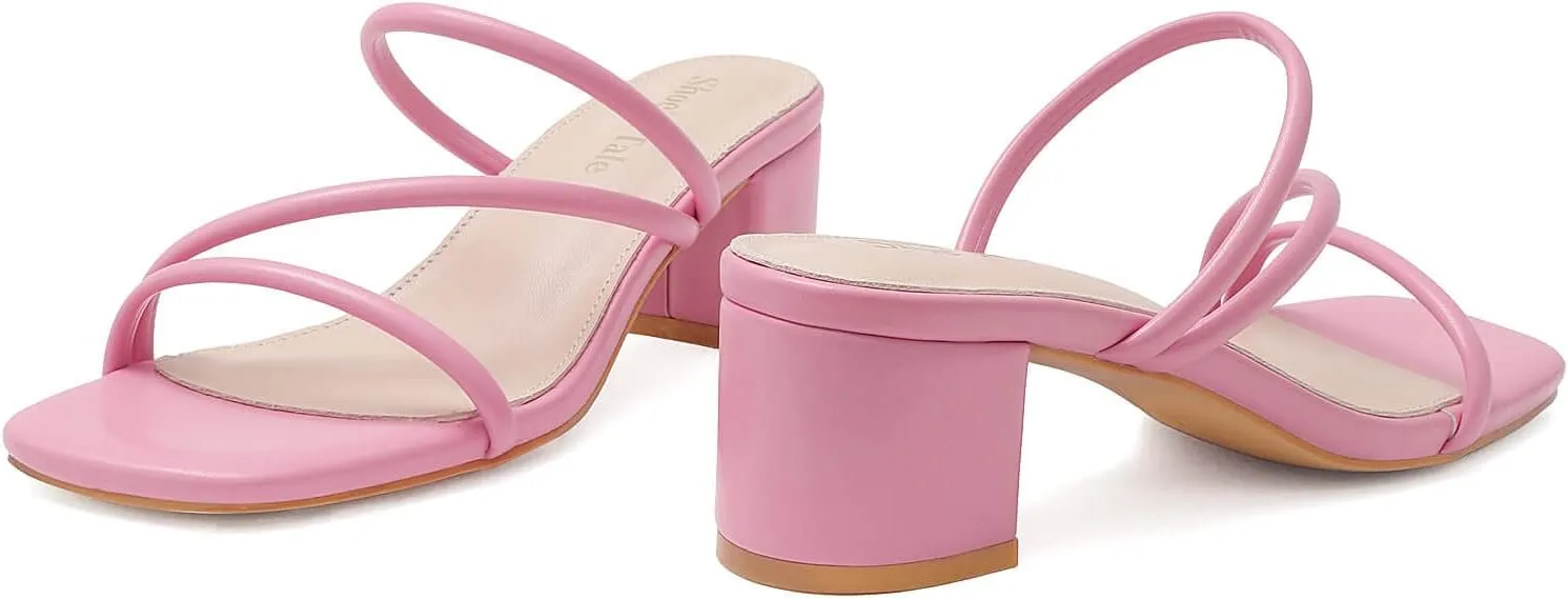 Shoe'N Tale Strappy Heels For Women Low Chunky Block Heel Heeled Sandals Square Open Toe Slip On Slides Mules