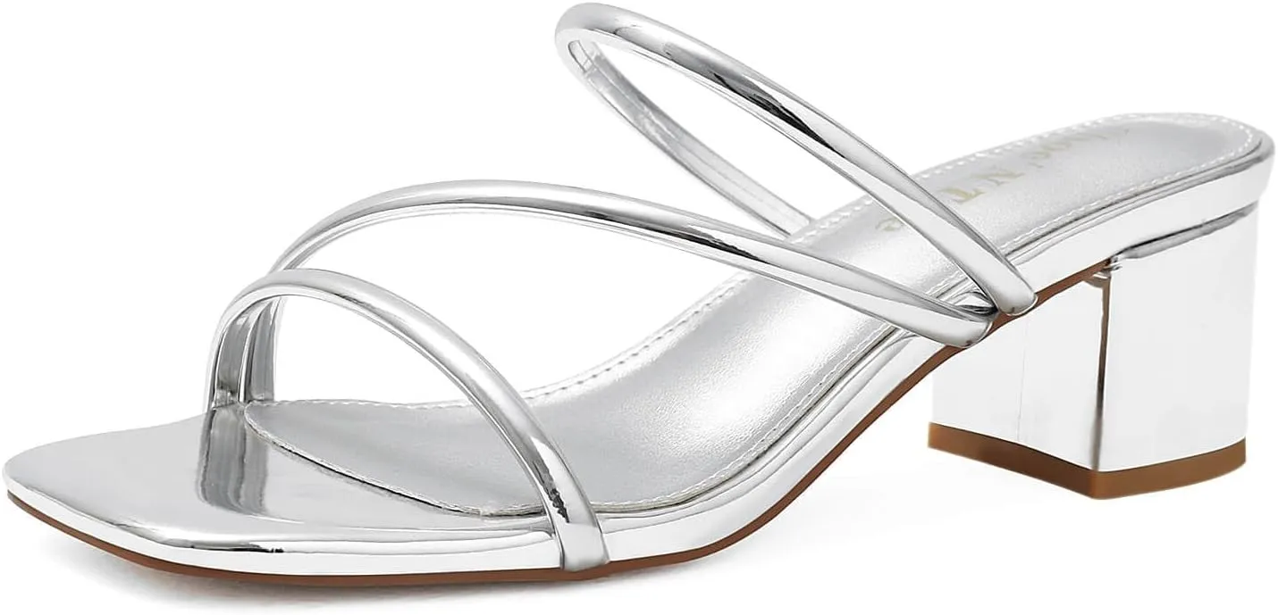 Shoe'N Tale Strappy Heels For Women Low Chunky Block Heel Heeled Sandals Square Open Toe Slip On Slides Mules