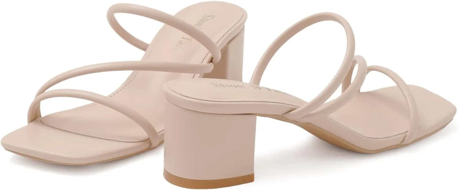 Shoe'N Tale Strappy Heels For Women Low Chunky Block Heel Heeled Sandals Square Open Toe Slip On Slides Mules