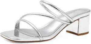 Shoe'N Tale Strappy Heels For Women Low Chunky Block Heel Heeled Sandals Square Open Toe Slip On Slides Mules