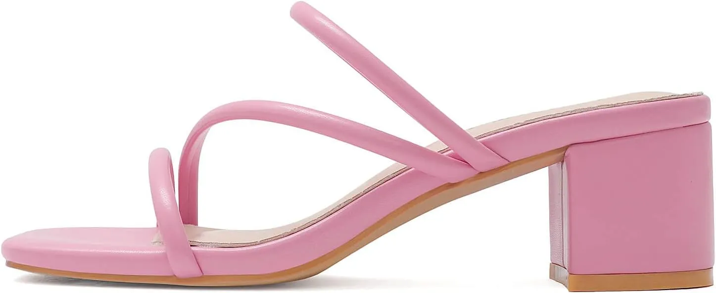 Shoe'N Tale Strappy Heels For Women Low Chunky Block Heel Heeled Sandals Square Open Toe Slip On Slides Mules