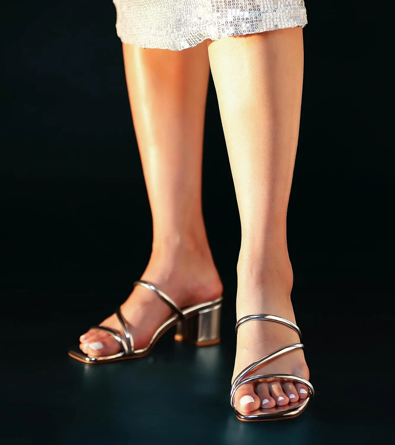 Shoe'N Tale Strappy Heels For Women Low Chunky Block Heel Heeled Sandals Square Open Toe Slip On Slides Mules