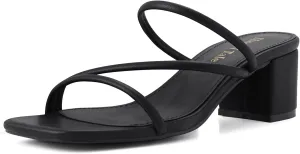 Shoe'N Tale Strappy Heels For Women Low Chunky Block Heel Heeled Sandals Square Open Toe Slip On Slides Mules