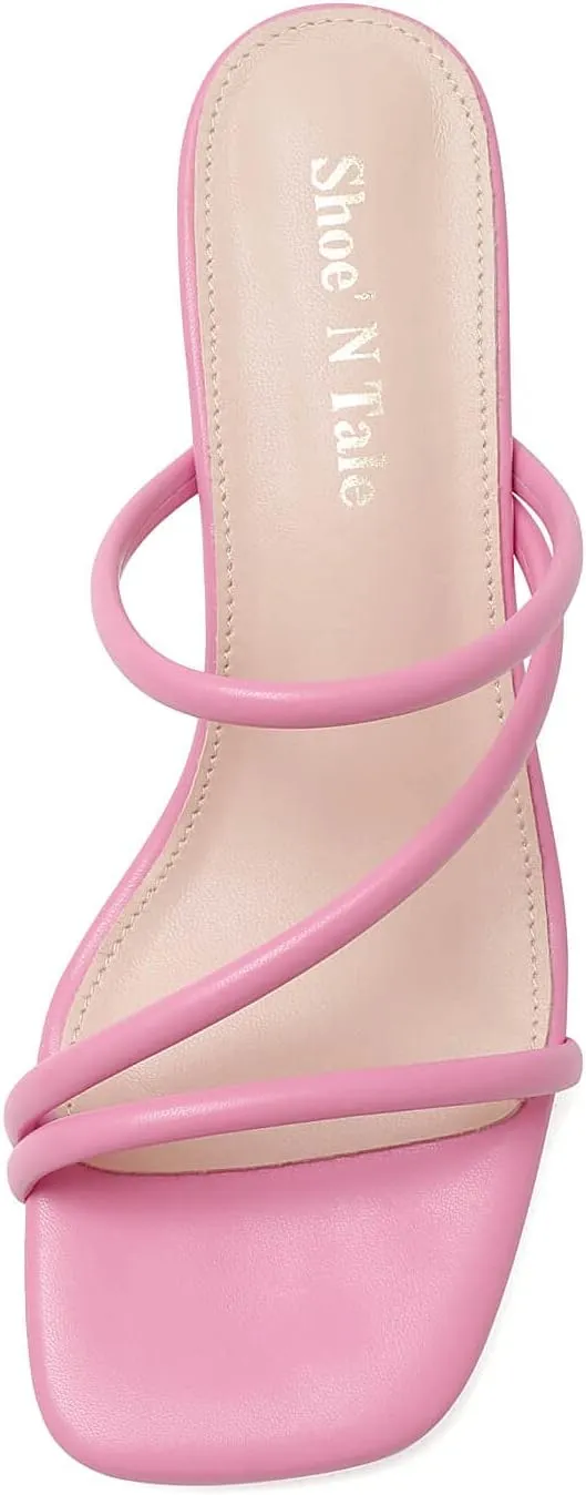 Shoe'N Tale Strappy Heels For Women Low Chunky Block Heel Heeled Sandals Square Open Toe Slip On Slides Mules