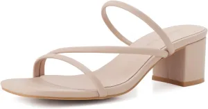Shoe'N Tale Strappy Heels For Women Low Chunky Block Heel Heeled Sandals Square Open Toe Slip On Slides Mules
