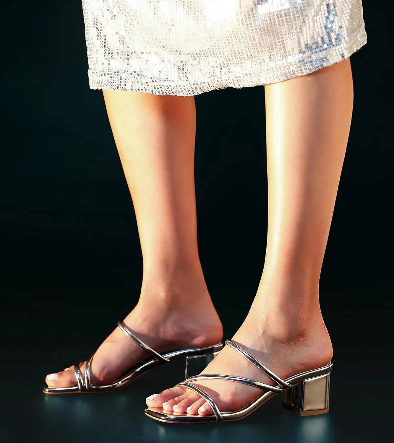 Shoe'N Tale Strappy Heels For Women Low Chunky Block Heel Heeled Sandals Square Open Toe Slip On Slides Mules