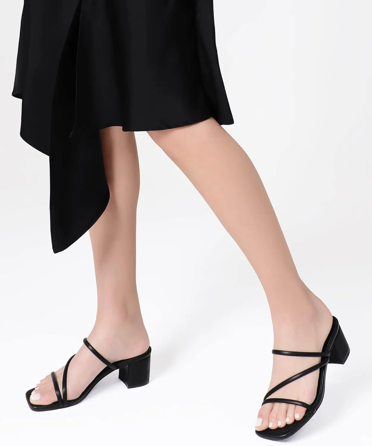 Shoe'N Tale Strappy Heels For Women Low Chunky Block Heel Heeled Sandals Square Open Toe Slip On Slides Mules