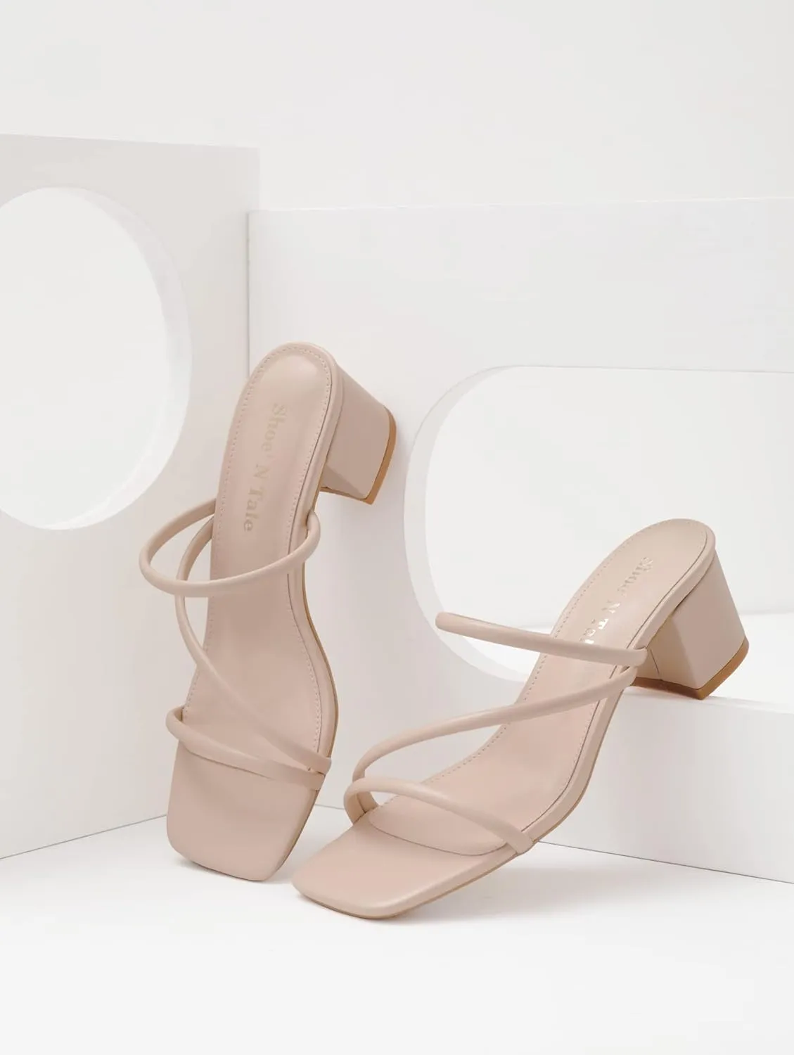 Shoe'N Tale Strappy Heels For Women Low Chunky Block Heel Heeled Sandals Square Open Toe Slip On Slides Mules