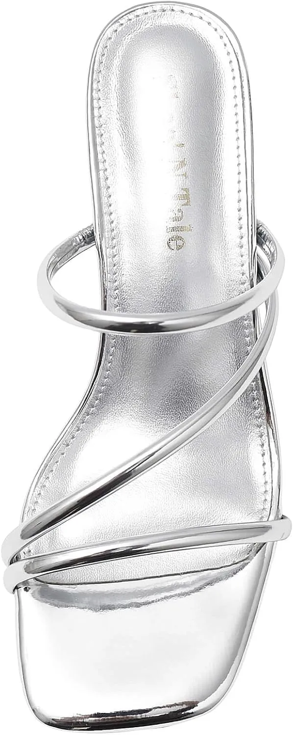 Shoe'N Tale Strappy Heels For Women Low Chunky Block Heel Heeled Sandals Square Open Toe Slip On Slides Mules