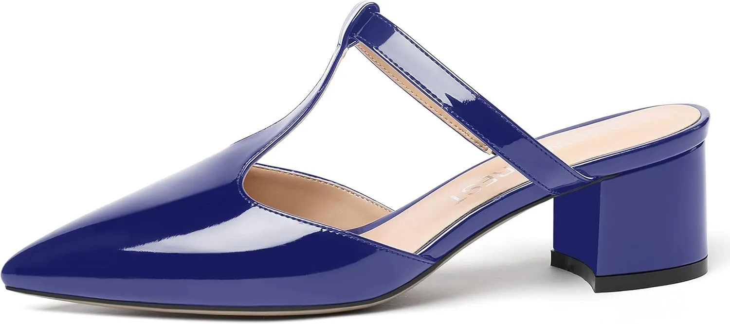 SHOWFOREST Women's Patent Casual Dating T Strap Mules Pointed Toe Chunky Low Heel Pumps Heeled Slide Sandals 2 Inch