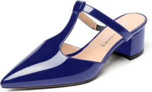 SHOWFOREST Women's Patent Casual Dating T Strap Mules Pointed Toe Chunky Low Heel Pumps Heeled Slide Sandals 2 Inch