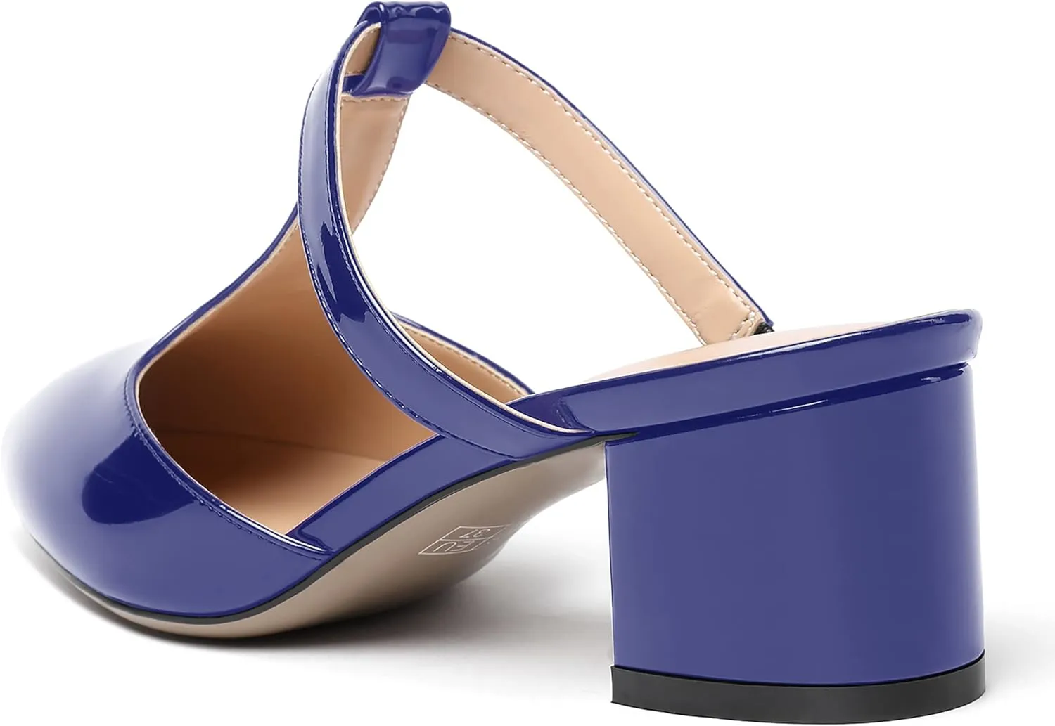 SHOWFOREST Women's Patent Casual Dating T Strap Mules Pointed Toe Chunky Low Heel Pumps Heeled Slide Sandals 2 Inch