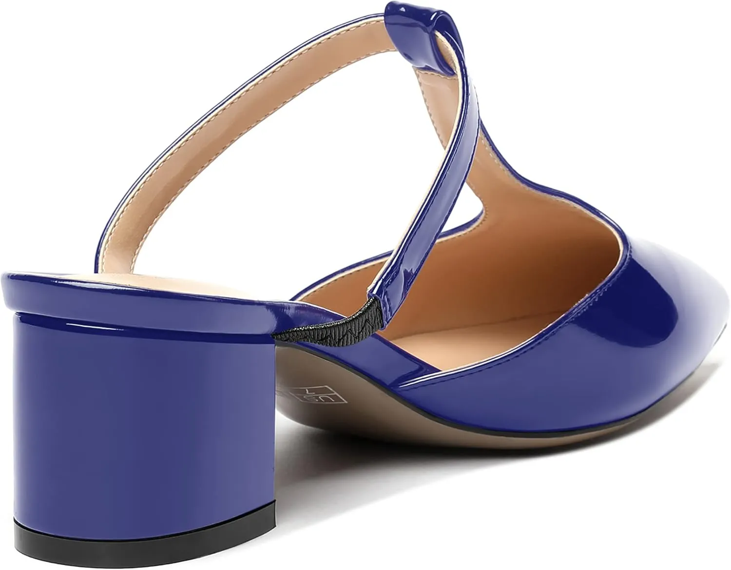 SHOWFOREST Women's Patent Casual Dating T Strap Mules Pointed Toe Chunky Low Heel Pumps Heeled Slide Sandals 2 Inch