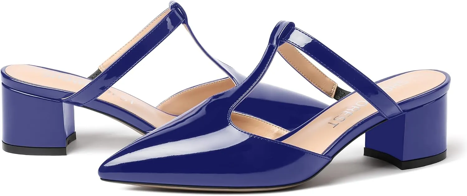 SHOWFOREST Women's Patent Casual Dating T Strap Mules Pointed Toe Chunky Low Heel Pumps Heeled Slide Sandals 2 Inch