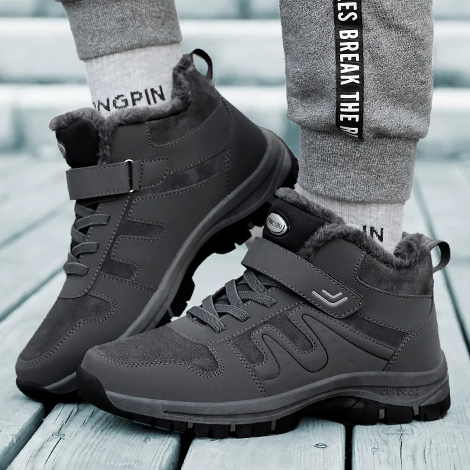 Slip on Walking Shoes Men Winter Warm Faux Furry Lined Hiking Snow Boots Comfortable Memory Foam Breathable Mesh Fashion High Top Sneakers Non Slip Indoor Outdoor Athletic Running Shoes