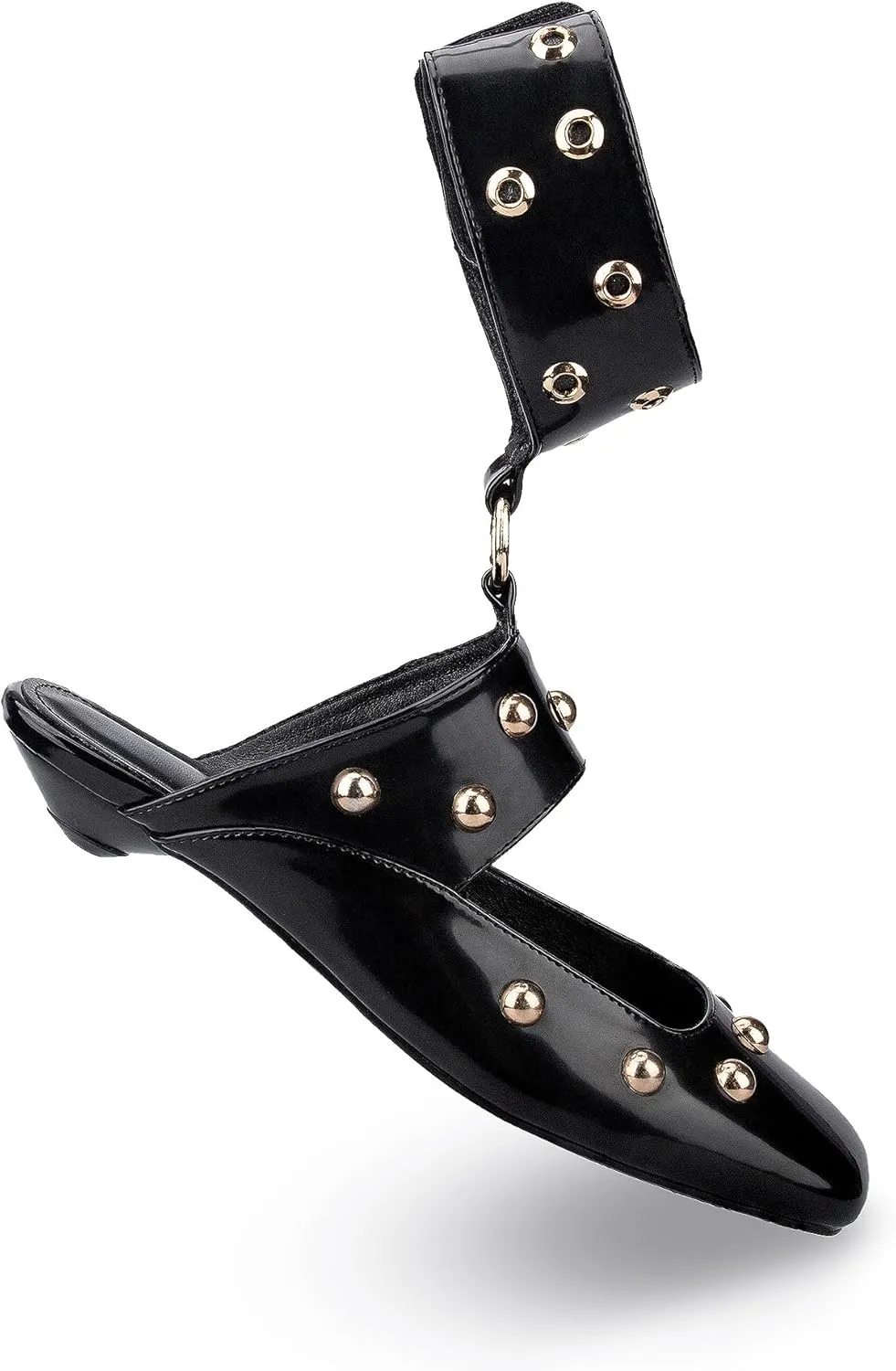 Studded Heeled Mules Square Toe Kitten Heeled Sandals Wide Ankle Strap Ballet Flats Trendy Dress Party Low Heel Shoes