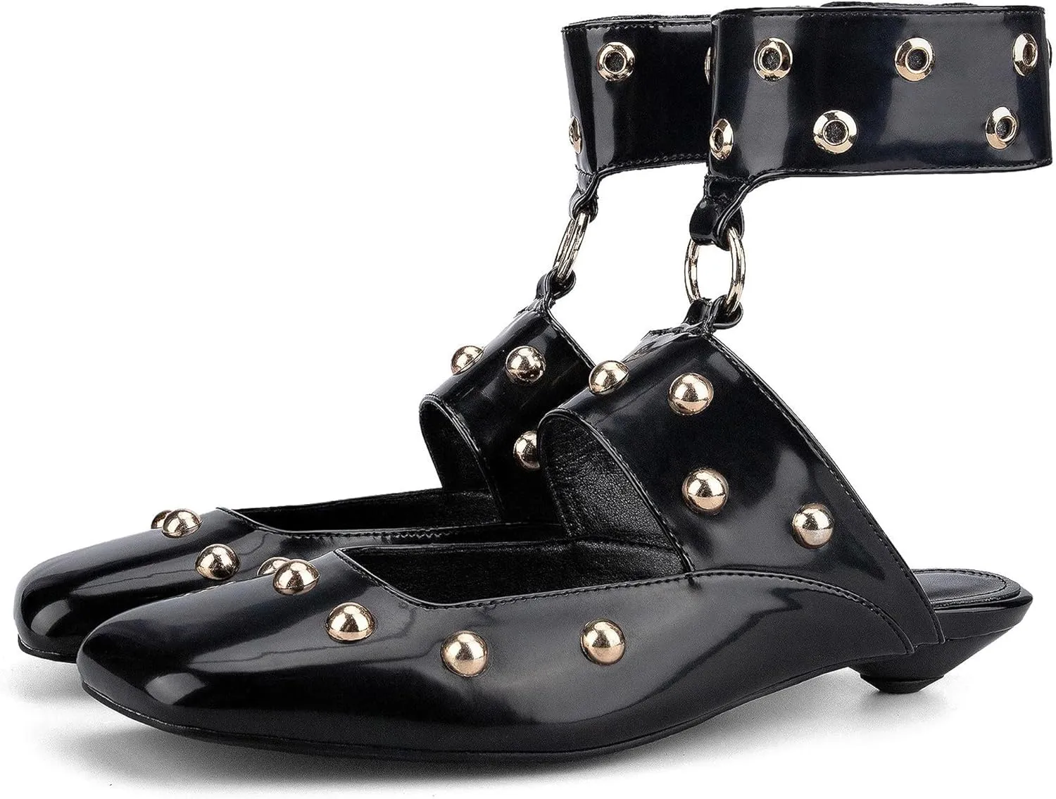 Studded Heeled Mules Square Toe Kitten Heeled Sandals Wide Ankle Strap Ballet Flats Trendy Dress Party Low Heel Shoes