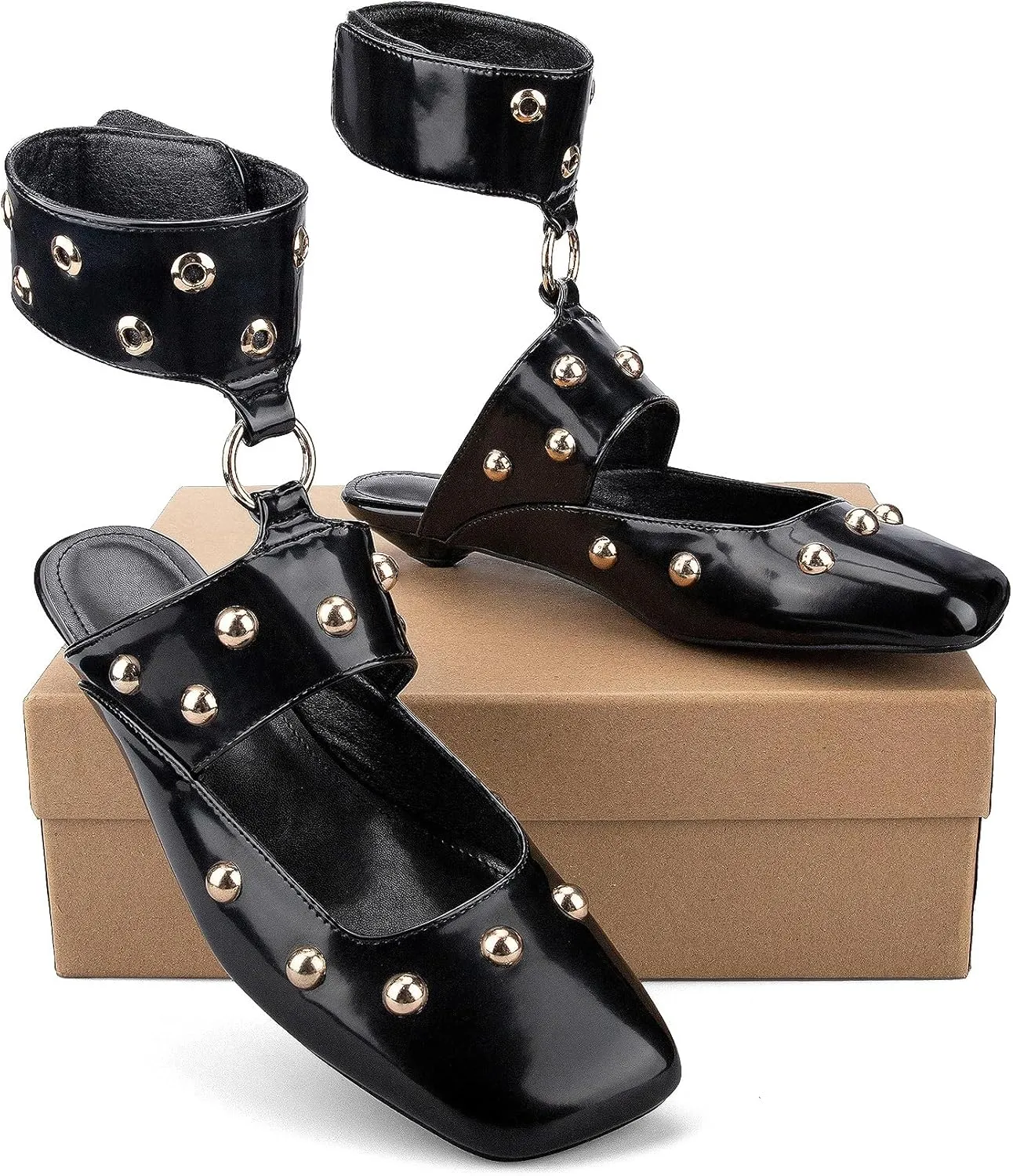 Studded Heeled Mules Square Toe Kitten Heeled Sandals Wide Ankle Strap Ballet Flats Trendy Dress Party Low Heel Shoes