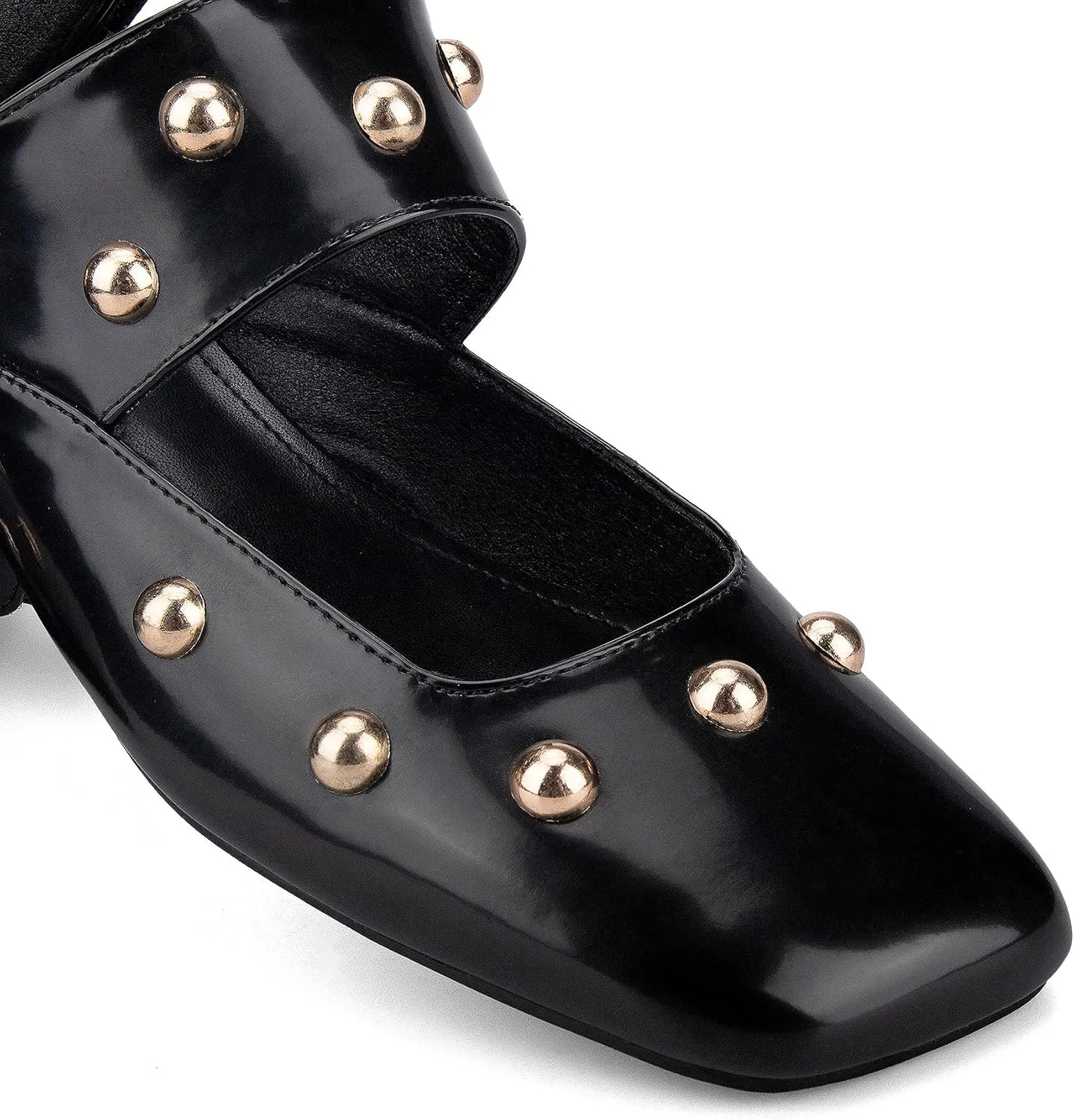 Studded Heeled Mules Square Toe Kitten Heeled Sandals Wide Ankle Strap Ballet Flats Trendy Dress Party Low Heel Shoes