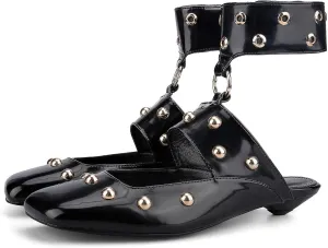 Studded Heeled Mules Square Toe Kitten Heeled Sandals Wide Ankle Strap Ballet Flats Trendy Dress Party Low Heel Shoes