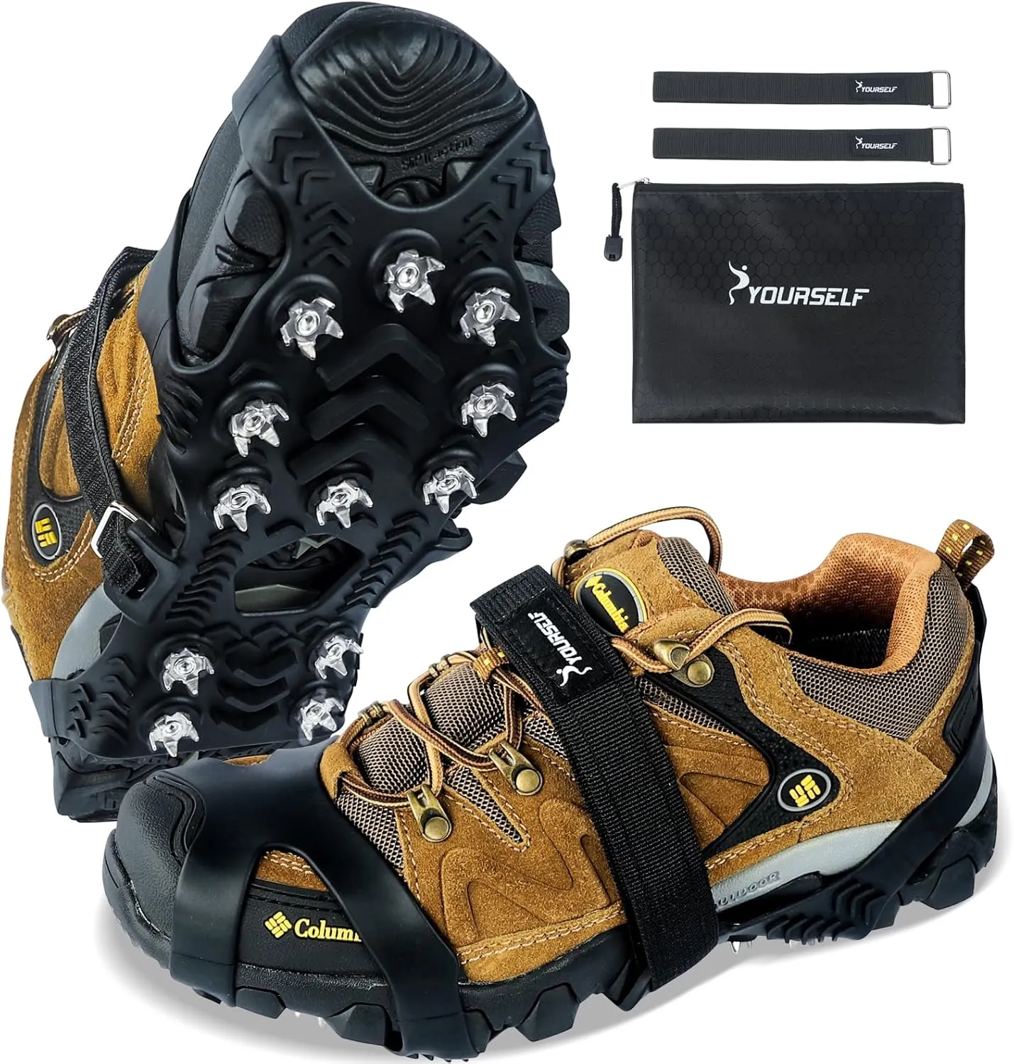 SYOURSELF Ice Cleats, Crampons Ice Cleats for Shoes and Boots Women Men Kids, Non Slip Grippers Spikes for Shoes with Straps, Ice Traction Cleats for Snow and Ice, Hiking, Walking, Fishing, Climbing