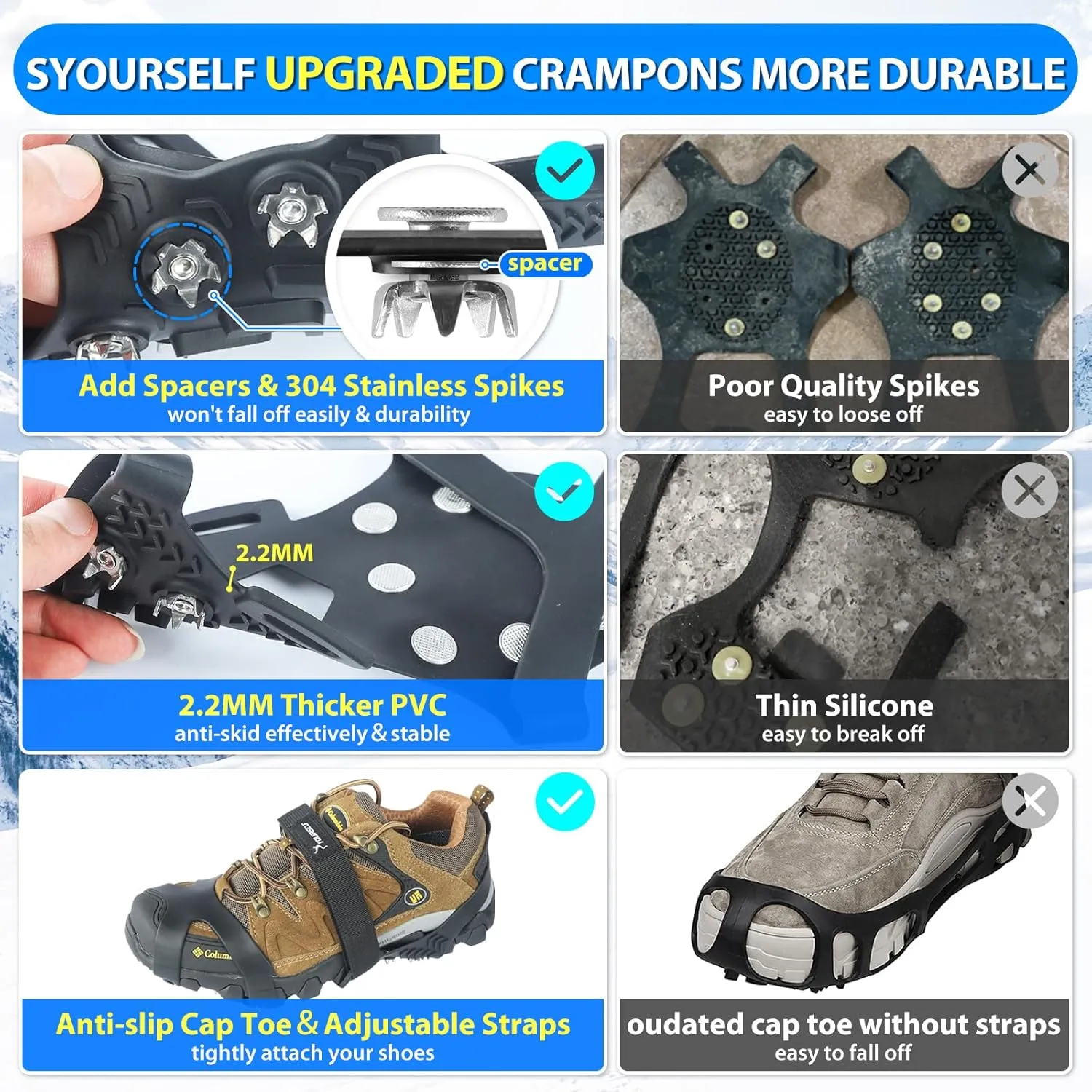 SYOURSELF Ice Cleats, Crampons Ice Cleats for Shoes and Boots Women Men Kids, Non Slip Grippers Spikes for Shoes with Straps, Ice Traction Cleats for Snow and Ice, Hiking, Walking, Fishing, Climbing