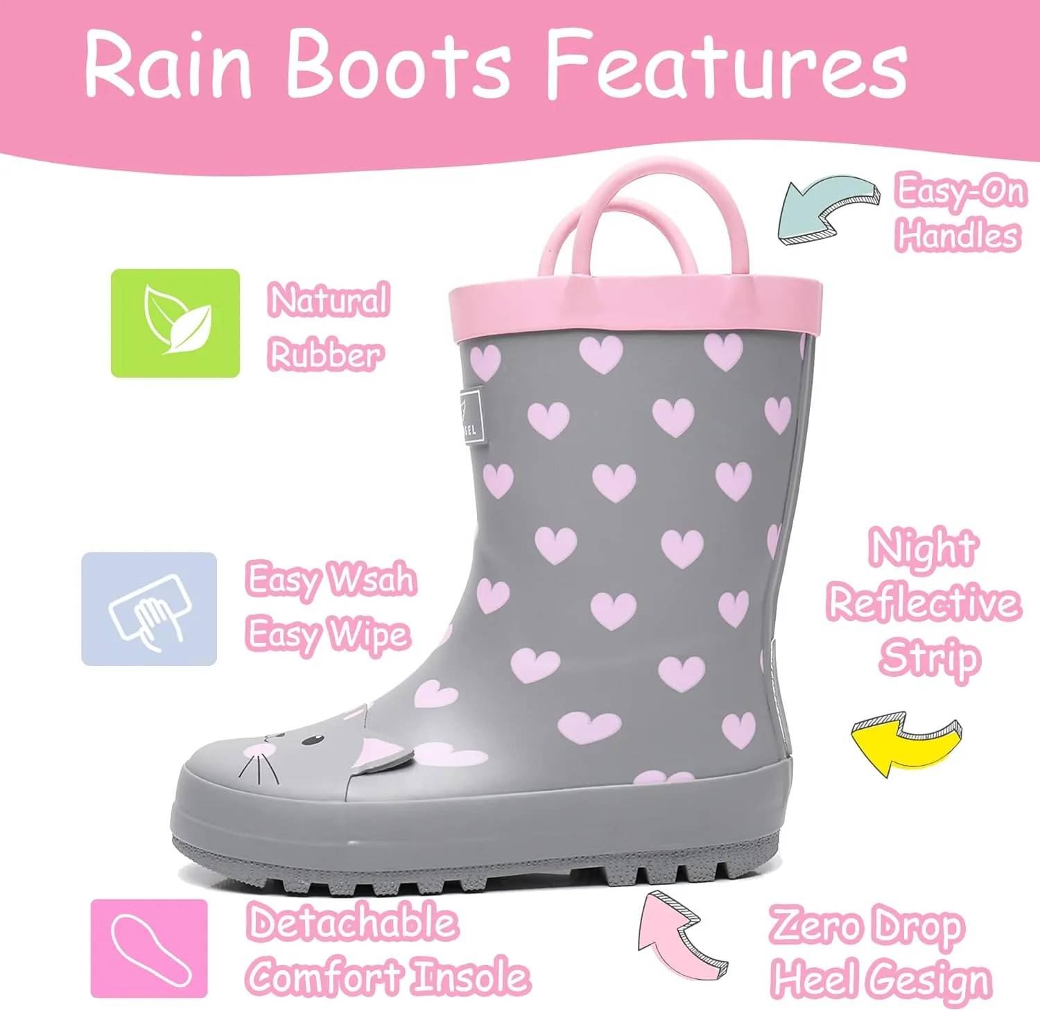 Toddler Rain Boots with Easy-On Handles, Waterproof Rubber Kids Rain Boots for Girls and Boys, in Fun Printed & Colors Unisex-Child Outdoor Rain Boots