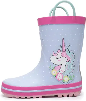 Toddler Rain Boots with Easy-On Handles, Waterproof Rubber Kids Rain Boots for Girls and Boys, in Fun Printed & Colors Unisex-Child Outdoor Rain Boots