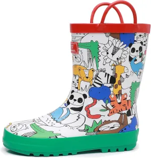 Toddler Rain Boots with Easy-On Handles, Waterproof Rubber Kids Rain Boots for Girls and Boys, in Fun Printed & Colors Unisex-Child Outdoor Rain Boots