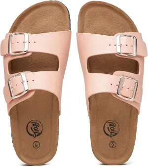 Trary Women's Sandals Cork Footbed Slide Sandals Comfortable Slip On Slides Summer Beach Flip Flops with Adjustable Buckle Casual Flat Sandals