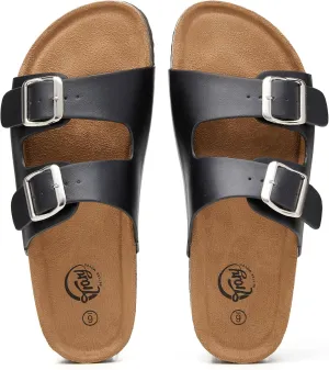 Trary Women's Sandals Cork Footbed Slide Sandals Comfortable Slip On Slides Summer Beach Flip Flops with Adjustable Buckle Casual Flat Sandals